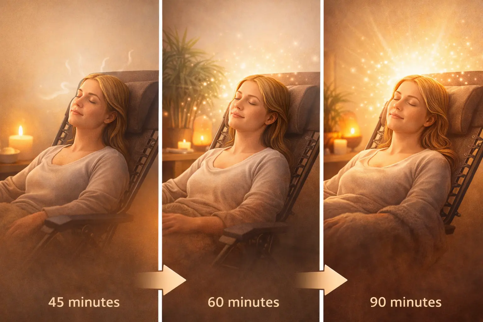 Évolution progressive de la détente en réflexologie selon la durée de la séance.
